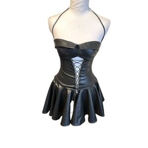 Faux Leather Ruffle Corset Mini Dress Sz M Sexy Cyber Punk Rave Festival Goth